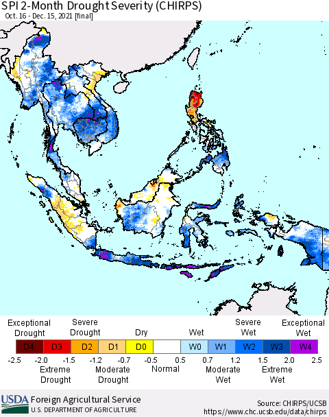 South East Asia SPI 2-Month Drought Severity (CHIRPS) Thematic Map For 10/16/2021 - 12/15/2021