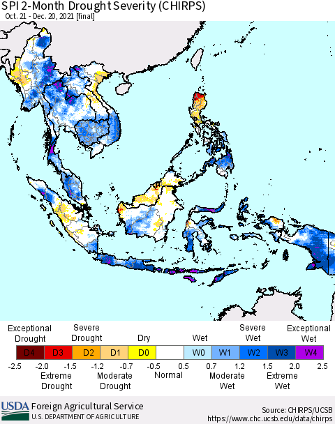 South East Asia SPI 2-Month Drought Severity (CHIRPS) Thematic Map For 10/21/2021 - 12/20/2021