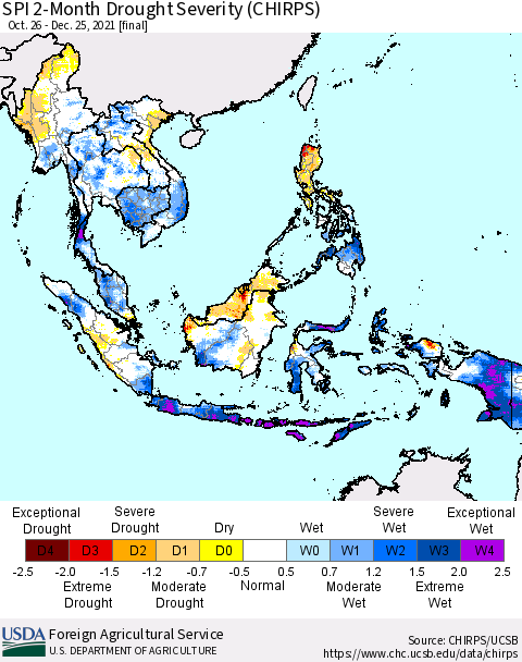 South East Asia SPI 2-Month Drought Severity (CHIRPS) Thematic Map For 10/26/2021 - 12/25/2021