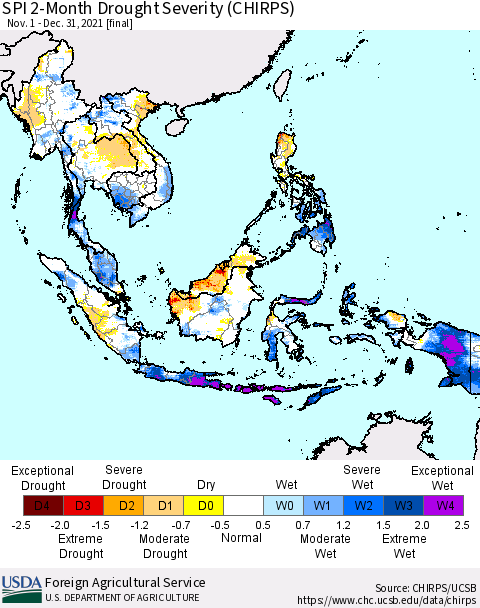 South East Asia SPI 2-Month Drought Severity (CHIRPS) Thematic Map For 11/1/2021 - 12/31/2021