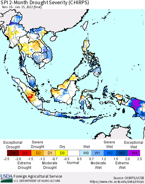 South East Asia SPI 2-Month Drought Severity (CHIRPS) Thematic Map For 11/16/2021 - 1/15/2022