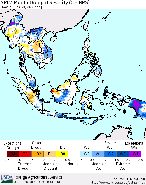 South East Asia SPI 2-Month Drought Severity (CHIRPS) Thematic Map For 11/21/2021 - 1/20/2022