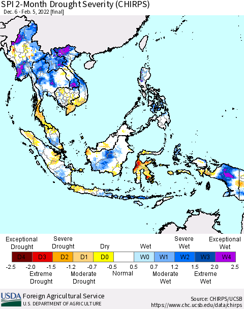 South East Asia SPI 2-Month Drought Severity (CHIRPS) Thematic Map For 12/6/2021 - 2/5/2022