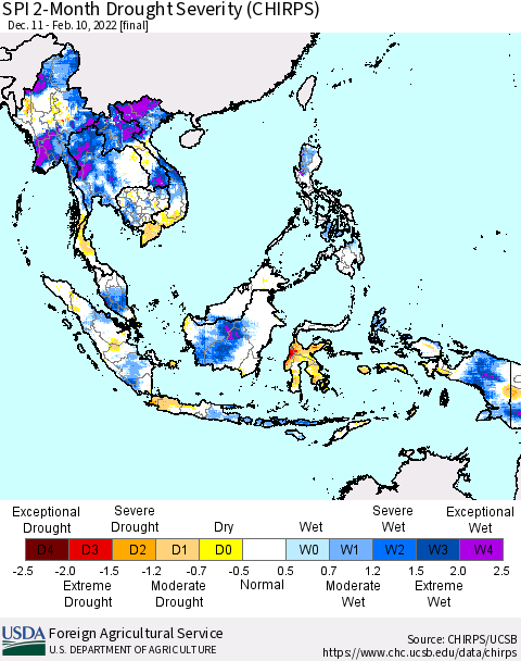 South East Asia SPI 2-Month Drought Severity (CHIRPS) Thematic Map For 12/11/2021 - 2/10/2022