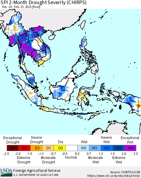 South East Asia SPI 2-Month Drought Severity (CHIRPS) Thematic Map For 12/16/2021 - 2/15/2022