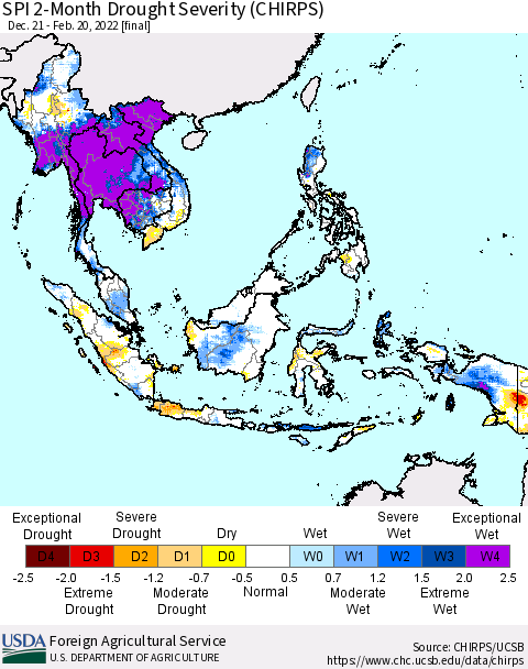 South East Asia SPI 2-Month Drought Severity (CHIRPS) Thematic Map For 12/21/2021 - 2/20/2022