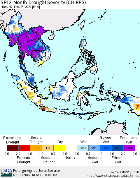 South East Asia SPI 2-Month Drought Severity (CHIRPS) Thematic Map For 12/26/2021 - 2/25/2022