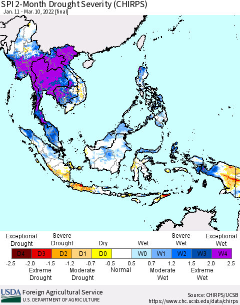 South East Asia SPI 2-Month Drought Severity (CHIRPS) Thematic Map For 1/11/2022 - 3/10/2022
