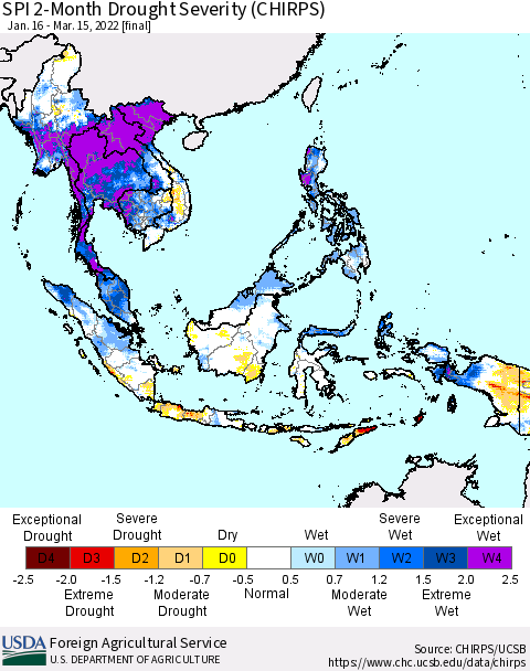 South East Asia SPI 2-Month Drought Severity (CHIRPS) Thematic Map For 1/16/2022 - 3/15/2022