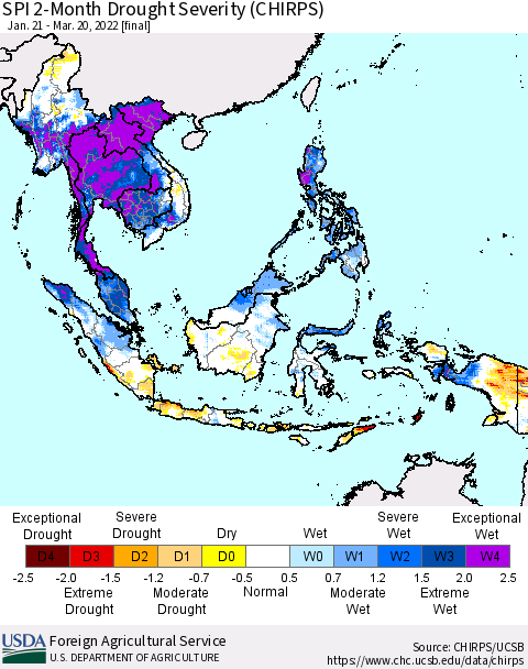 South East Asia SPI 2-Month Drought Severity (CHIRPS) Thematic Map For 1/21/2022 - 3/20/2022