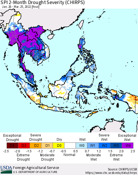 South East Asia SPI 2-Month Drought Severity (CHIRPS) Thematic Map For 1/26/2022 - 3/25/2022