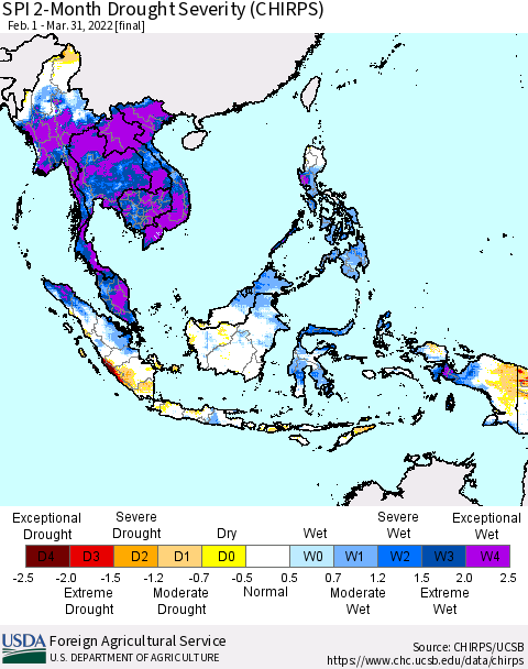 South East Asia SPI 2-Month Drought Severity (CHIRPS) Thematic Map For 2/1/2022 - 3/31/2022