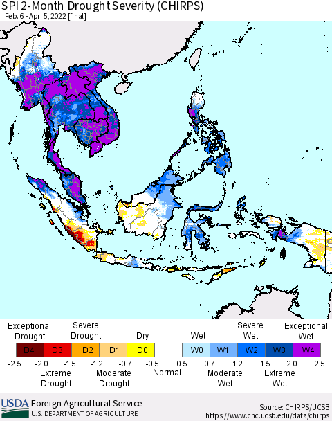 South East Asia SPI 2-Month Drought Severity (CHIRPS) Thematic Map For 2/6/2022 - 4/5/2022