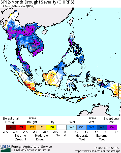 South East Asia SPI 2-Month Drought Severity (CHIRPS) Thematic Map For 2/11/2022 - 4/10/2022