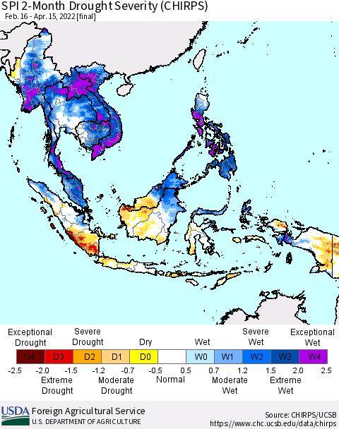 South East Asia SPI 2-Month Drought Severity (CHIRPS) Thematic Map For 2/16/2022 - 4/15/2022