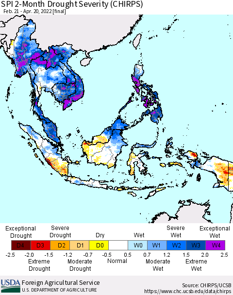 South East Asia SPI 2-Month Drought Severity (CHIRPS) Thematic Map For 2/21/2022 - 4/20/2022