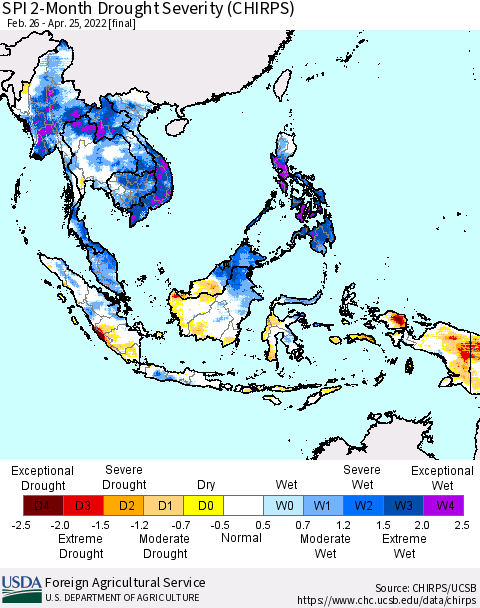 South East Asia SPI 2-Month Drought Severity (CHIRPS) Thematic Map For 2/26/2022 - 4/25/2022