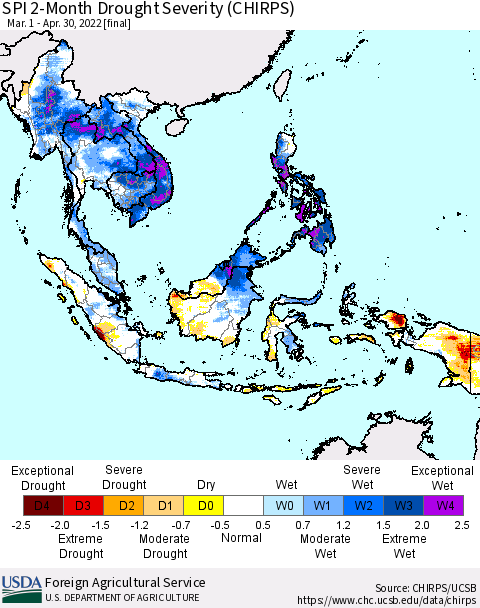 South East Asia SPI 2-Month Drought Severity (CHIRPS) Thematic Map For 3/1/2022 - 4/30/2022