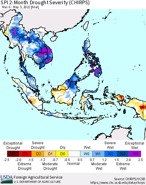 South East Asia SPI 2-Month Drought Severity (CHIRPS) Thematic Map For 3/6/2022 - 5/5/2022