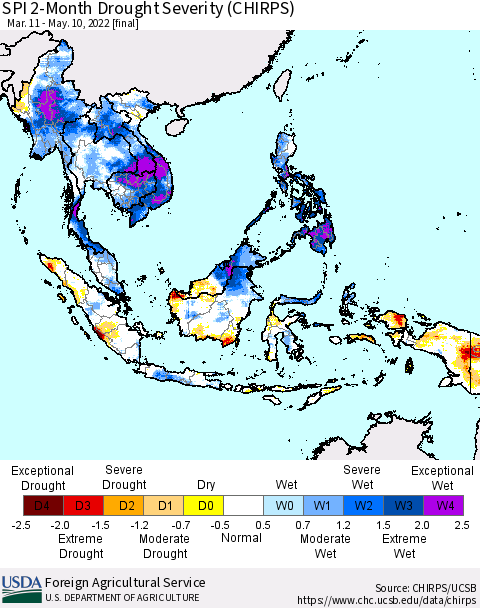 South East Asia SPI 2-Month Drought Severity (CHIRPS) Thematic Map For 3/11/2022 - 5/10/2022
