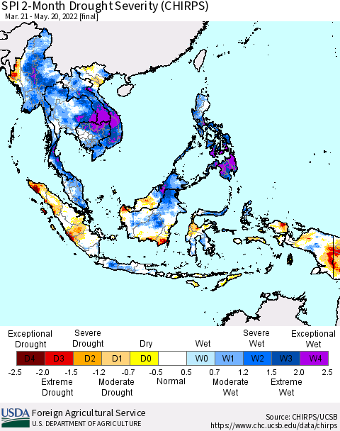 South East Asia SPI 2-Month Drought Severity (CHIRPS) Thematic Map For 3/21/2022 - 5/20/2022