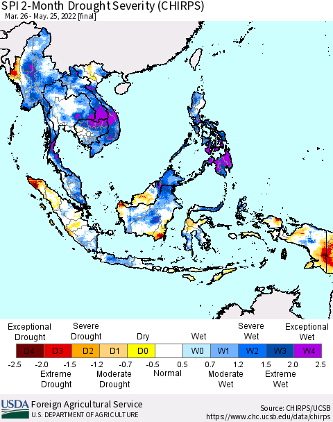 South East Asia SPI 2-Month Drought Severity (CHIRPS) Thematic Map For 3/26/2022 - 5/25/2022