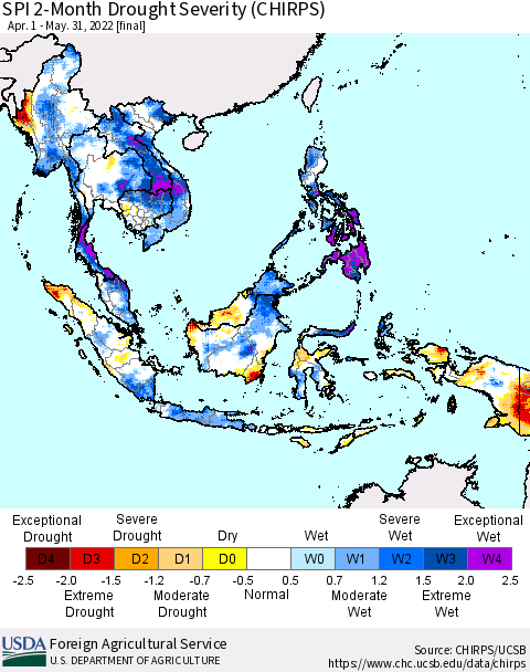 South East Asia SPI 2-Month Drought Severity (CHIRPS) Thematic Map For 4/1/2022 - 5/31/2022