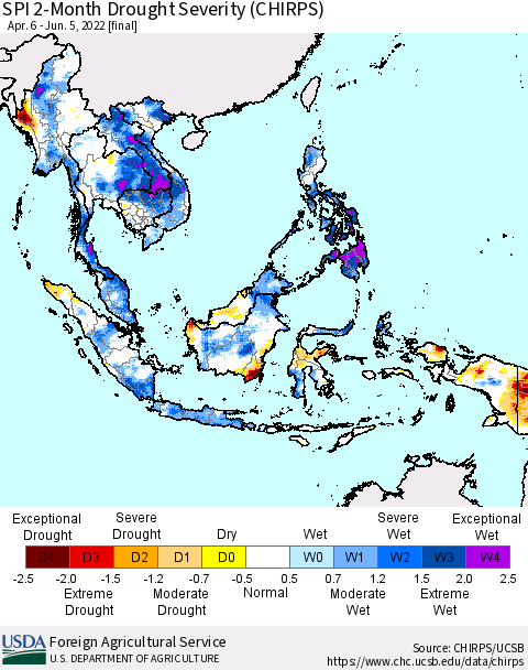 South East Asia SPI 2-Month Drought Severity (CHIRPS) Thematic Map For 4/6/2022 - 6/5/2022
