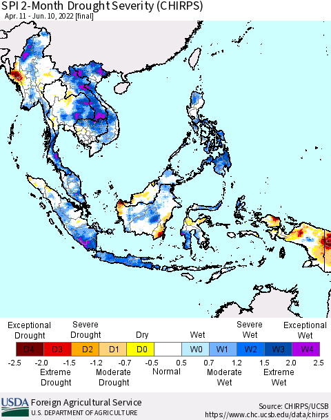 South East Asia SPI 2-Month Drought Severity (CHIRPS) Thematic Map For 4/11/2022 - 6/10/2022