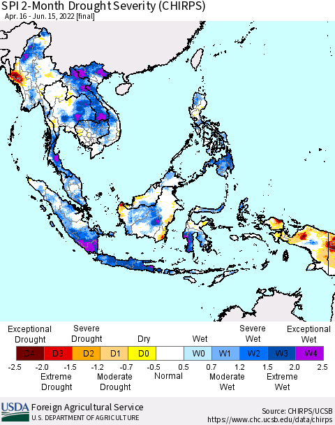South East Asia SPI 2-Month Drought Severity (CHIRPS) Thematic Map For 4/16/2022 - 6/15/2022