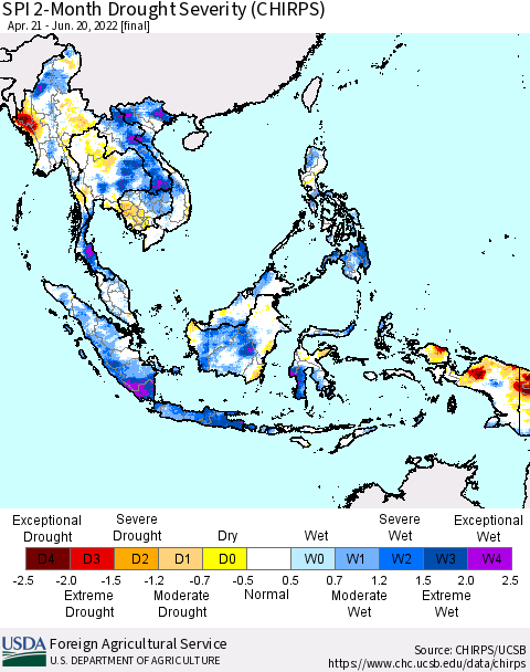 South East Asia SPI 2-Month Drought Severity (CHIRPS) Thematic Map For 4/21/2022 - 6/20/2022