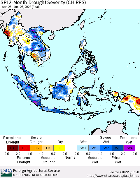 South East Asia SPI 2-Month Drought Severity (CHIRPS) Thematic Map For 4/26/2022 - 6/25/2022