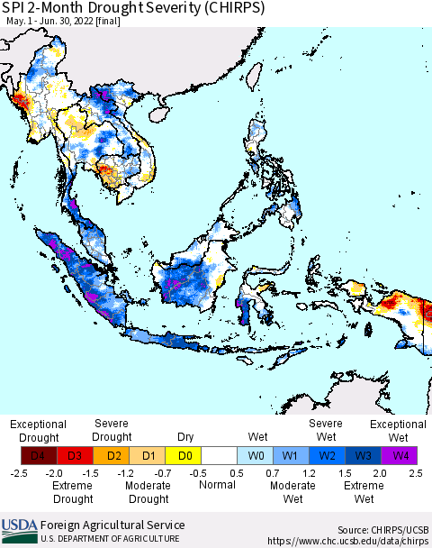 South East Asia SPI 2-Month Drought Severity (CHIRPS) Thematic Map For 5/1/2022 - 6/30/2022