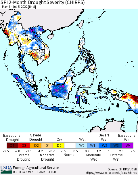 South East Asia SPI 2-Month Drought Severity (CHIRPS) Thematic Map For 5/6/2022 - 7/5/2022