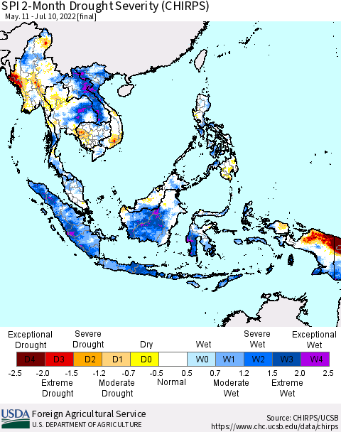 South East Asia SPI 2-Month Drought Severity (CHIRPS) Thematic Map For 5/11/2022 - 7/10/2022