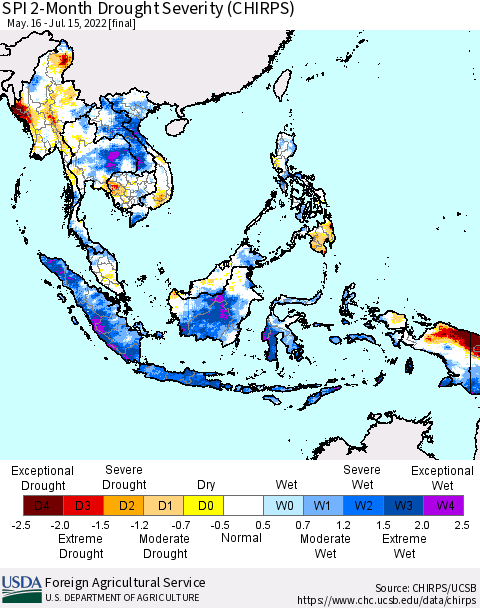 South East Asia SPI 2-Month Drought Severity (CHIRPS) Thematic Map For 5/16/2022 - 7/15/2022