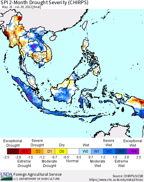 South East Asia SPI 2-Month Drought Severity (CHIRPS) Thematic Map For 5/21/2022 - 7/20/2022