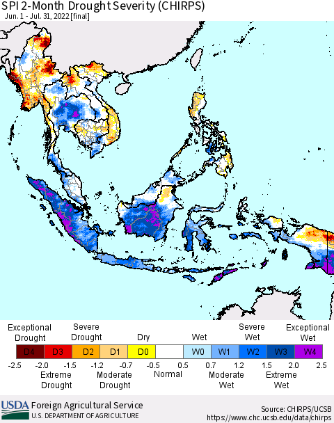 South East Asia SPI 2-Month Drought Severity (CHIRPS) Thematic Map For 6/1/2022 - 7/31/2022