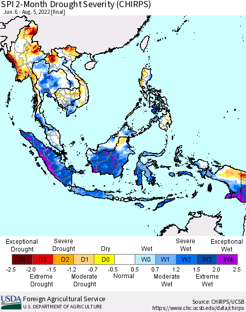South East Asia SPI 2-Month Drought Severity (CHIRPS) Thematic Map For 6/6/2022 - 8/5/2022
