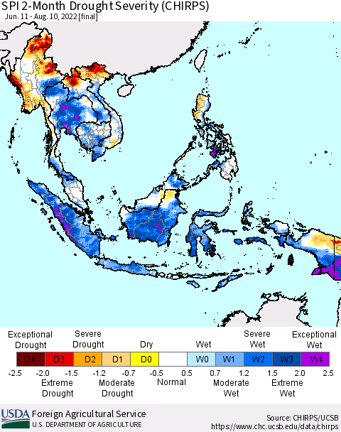 South East Asia SPI 2-Month Drought Severity (CHIRPS) Thematic Map For 6/11/2022 - 8/10/2022