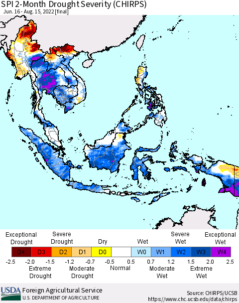 South East Asia SPI 2-Month Drought Severity (CHIRPS) Thematic Map For 6/16/2022 - 8/15/2022