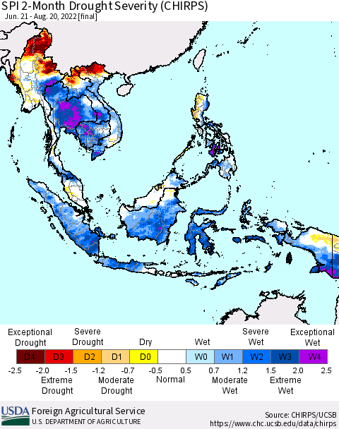 South East Asia SPI 2-Month Drought Severity (CHIRPS) Thematic Map For 6/21/2022 - 8/20/2022