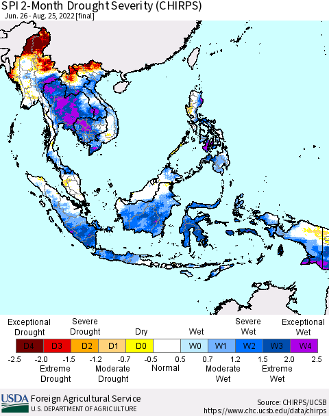 South East Asia SPI 2-Month Drought Severity (CHIRPS) Thematic Map For 6/26/2022 - 8/25/2022