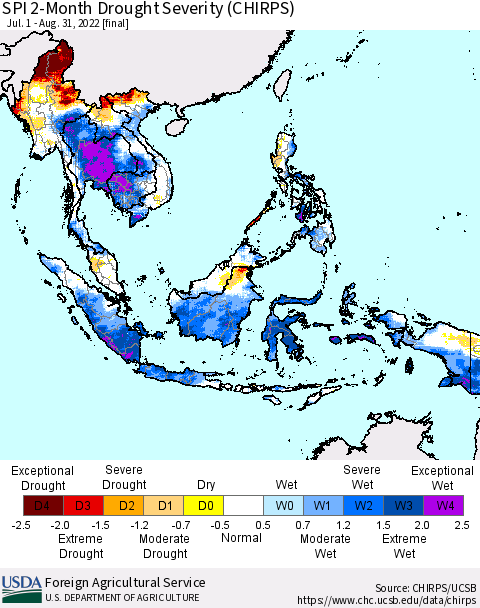 South East Asia SPI 2-Month Drought Severity (CHIRPS) Thematic Map For 7/1/2022 - 8/31/2022
