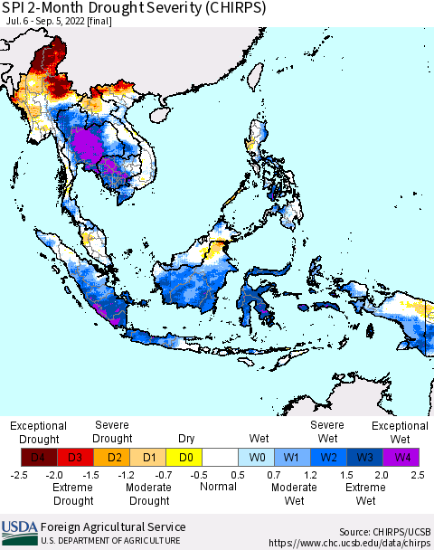 South East Asia SPI 2-Month Drought Severity (CHIRPS) Thematic Map For 7/6/2022 - 9/5/2022