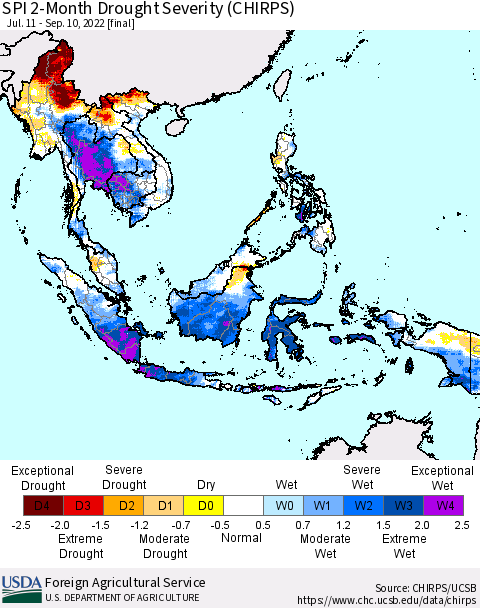 South East Asia SPI 2-Month Drought Severity (CHIRPS) Thematic Map For 7/11/2022 - 9/10/2022
