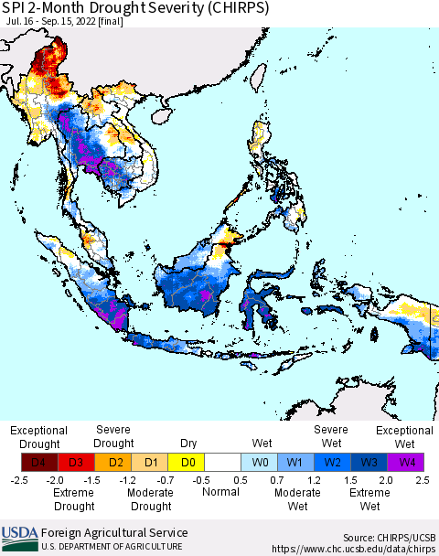 South East Asia SPI 2-Month Drought Severity (CHIRPS) Thematic Map For 7/16/2022 - 9/15/2022