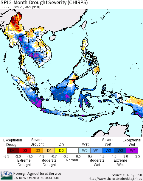 South East Asia SPI 2-Month Drought Severity (CHIRPS) Thematic Map For 7/21/2022 - 9/20/2022