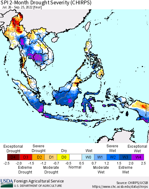 South East Asia SPI 2-Month Drought Severity (CHIRPS) Thematic Map For 7/26/2022 - 9/25/2022