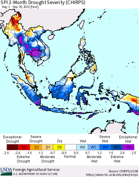 South East Asia SPI 2-Month Drought Severity (CHIRPS) Thematic Map For 8/1/2022 - 9/30/2022